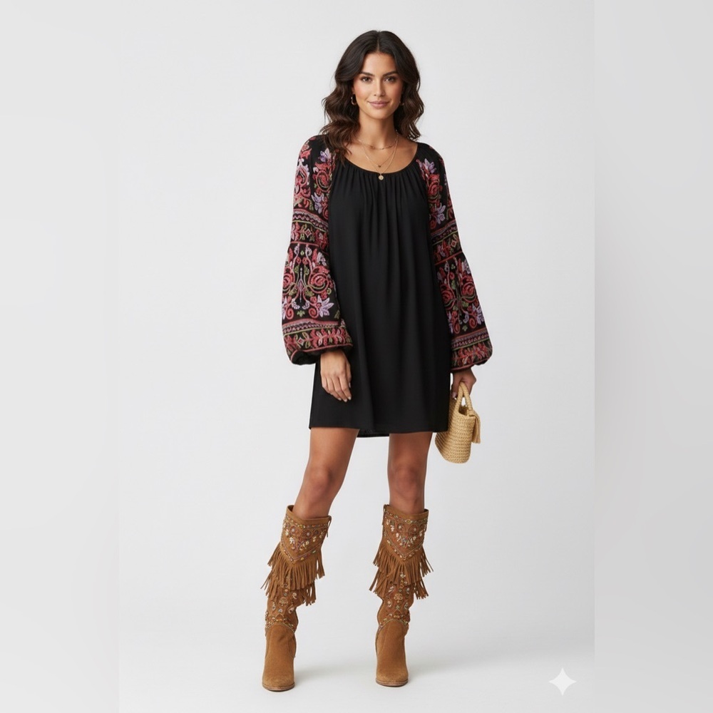 Oso Boho Folk Core Embroidered Bell Sleeve Black Shift Dress M - Picture 1 of 8
